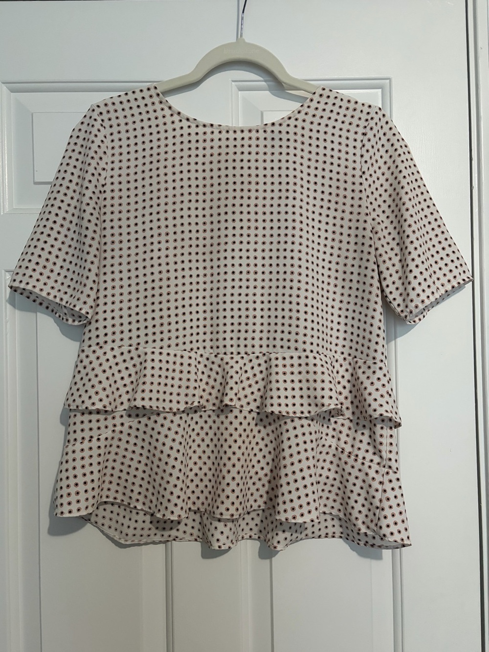 Ann Taylor Women’s Ruffled Polka Dot Short Sleeve Top - Cream with Brown Dots